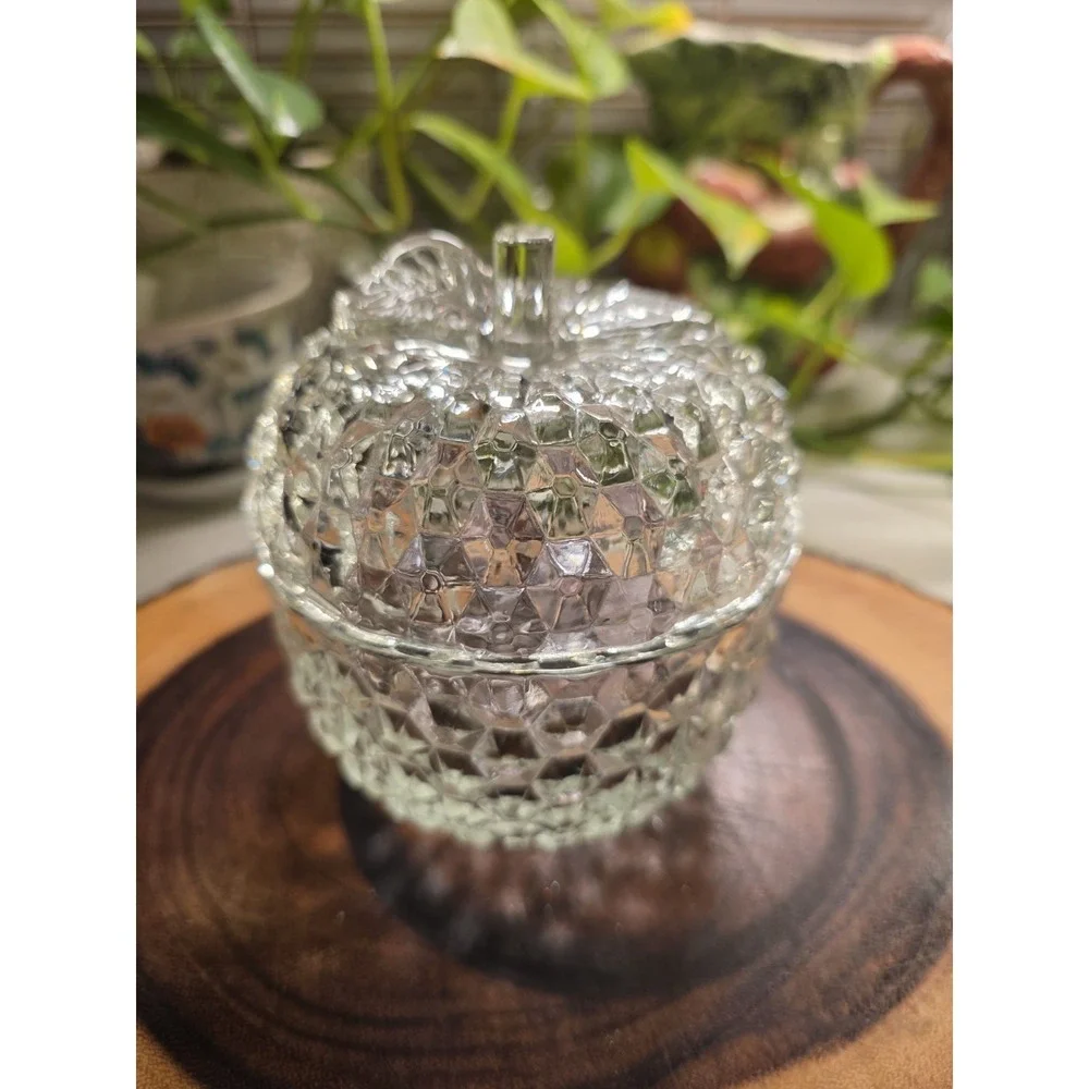 Vintage Imperial Cut Faceted Glass Apple Candy Dish with Lid